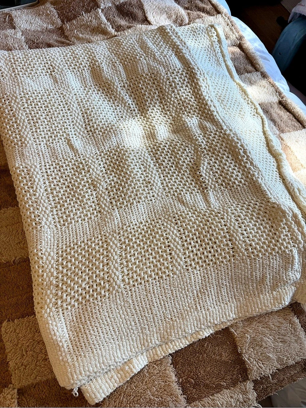 Vintage Cream Square Knit 100% Cotton Queen Size Blanket